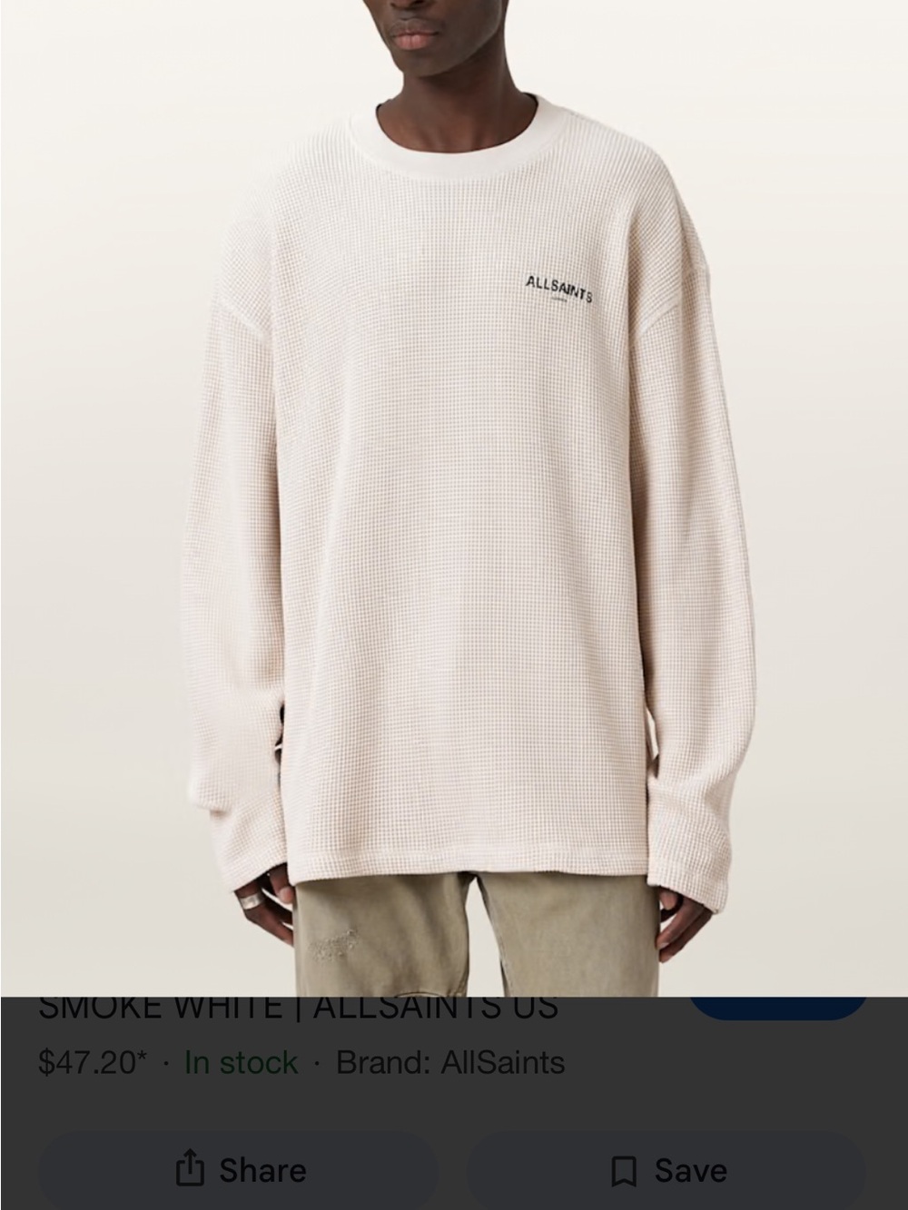 AllSaints Men’s Smoke White Waffle Crewneck Sweater M